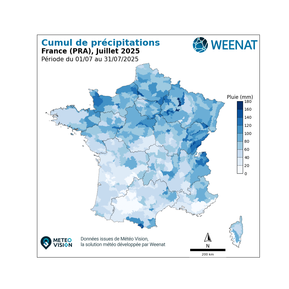 Cumul de pluviométrie france juillet 2025